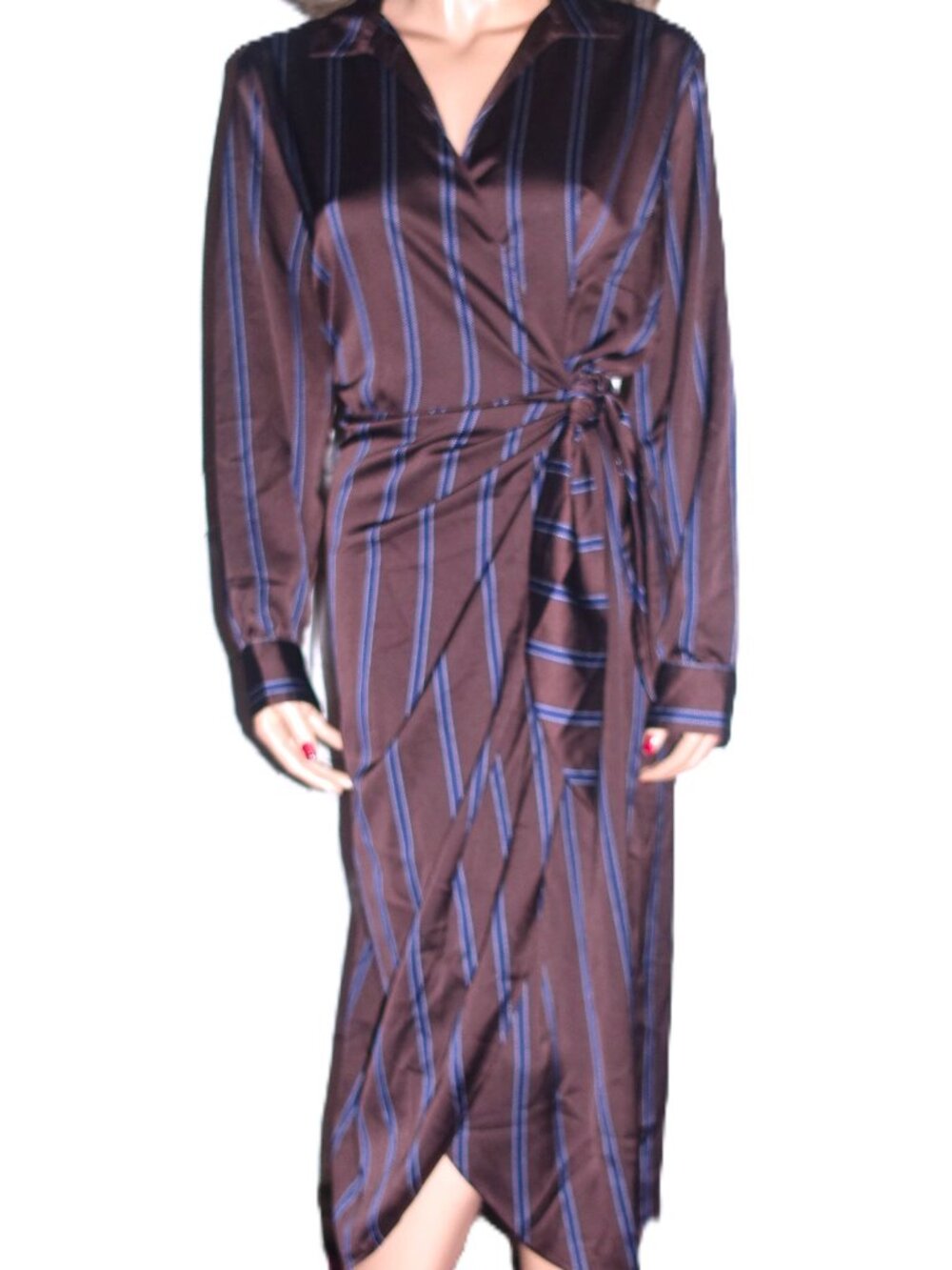 Loft Chocolate Navy Blue Striped Wrap Dress XL